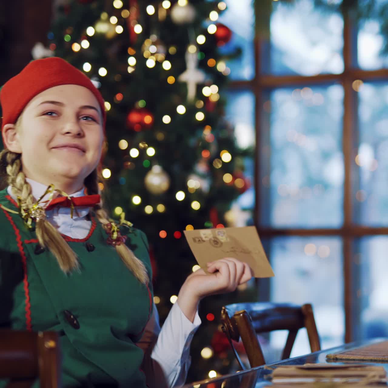 Funny elf in a green suit sitting at the table and comparing two envelopes, then looking thoughtfully and taking it in her hands on the background of wooden toys and New Year's decor