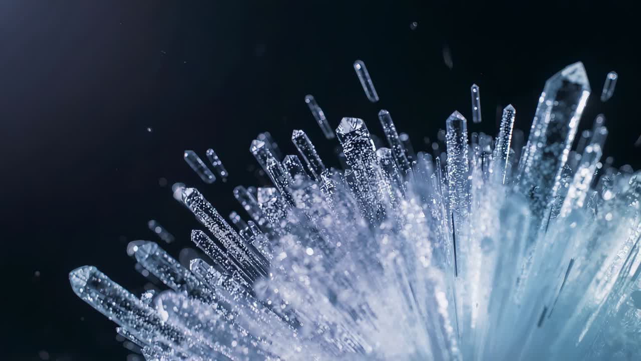 Shifting focus revealing needle rods drifting upward from base in macro studio, beads sparkling