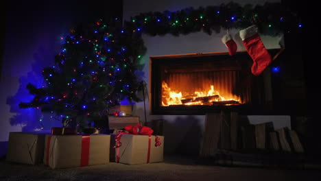 chimenea decorada para navidad y calcetines de regalo encima de ella tiro deslizante