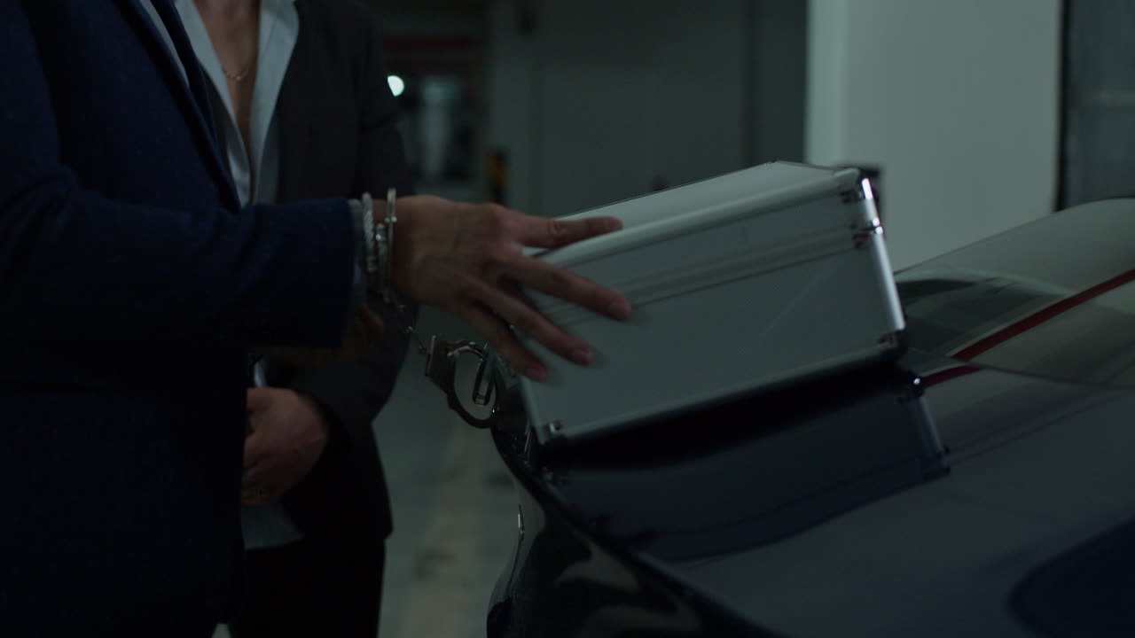 Man Placing Case in Car Trunk in Parking Garage