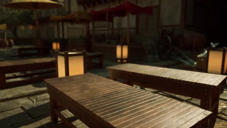 empty chinese street market with lanterns and wooden benches