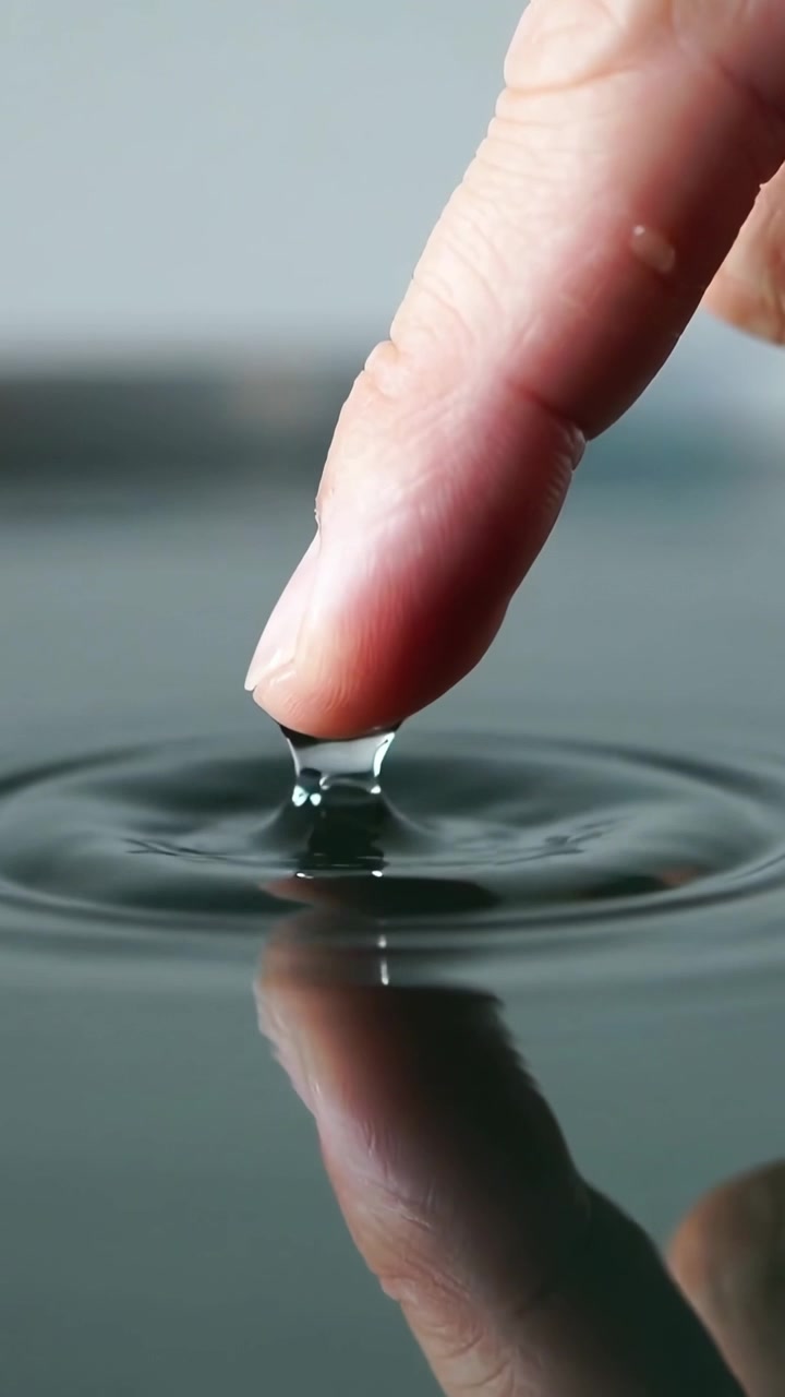 Video verticale: Dito adulto sospeso che tocca l'acqua riflettente in un vassoio, formando una colonna e increspature