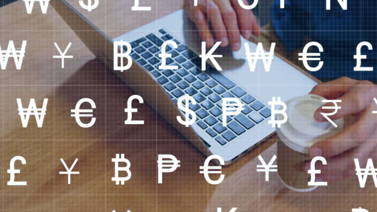 노트북을 사용하여 손 위에 통화 기호의 애니메이션