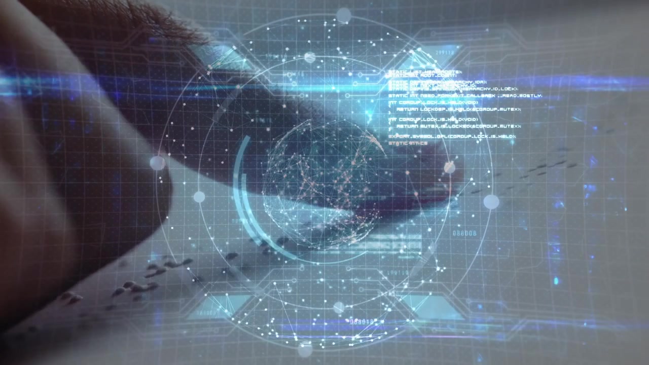 Animation of globe made of connections over hand of caucasian man reading in braille