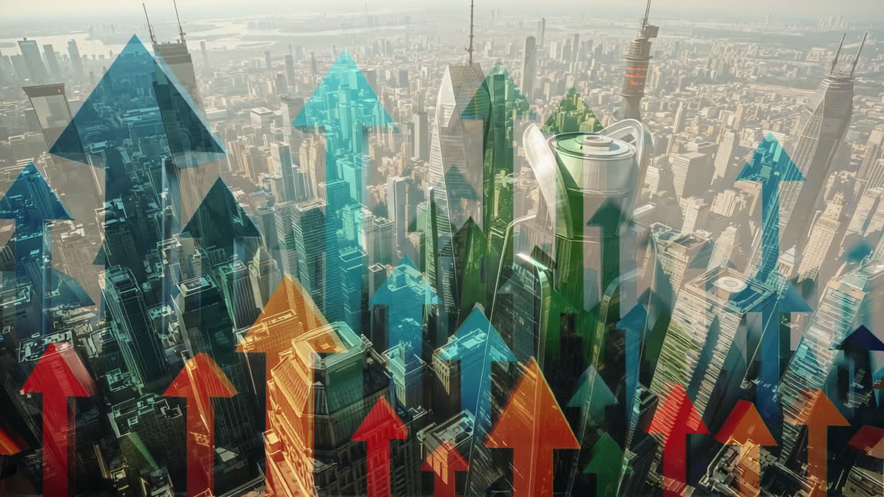 Cityscape with Upward Arrows Symbolizing Growth and Progress