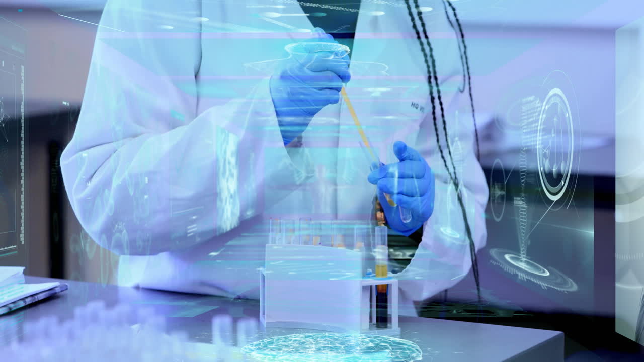 Scientist in lab coat conducting experiment with digital data overlay animation