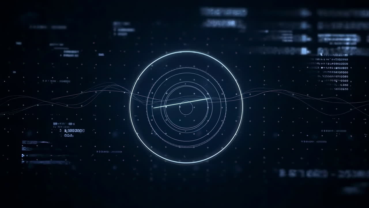 Futuristic Blue Radar Hud With Rotating Concentric Circles And Scrolling Code, Dark Digital Background
