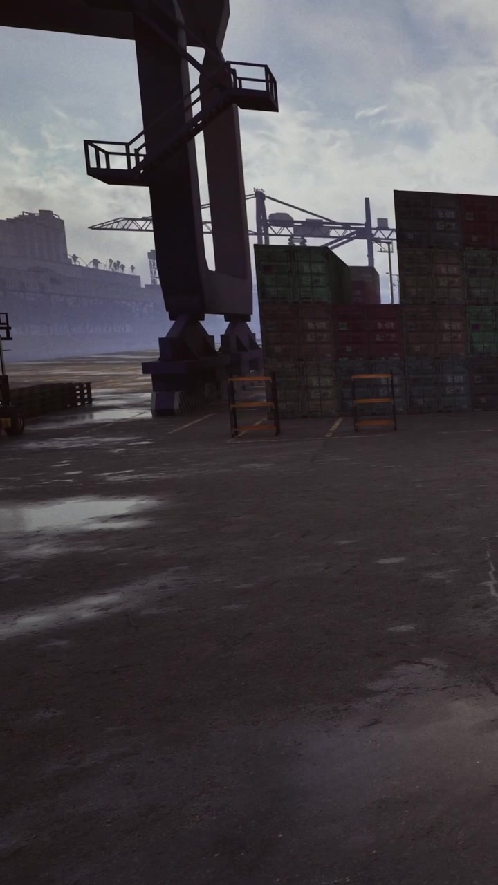 Busy port area with crane and shipping containers during late afternoon