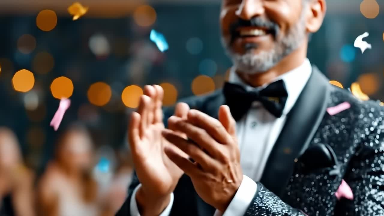 A man in a tuxedo clapping his hands in front of confetti