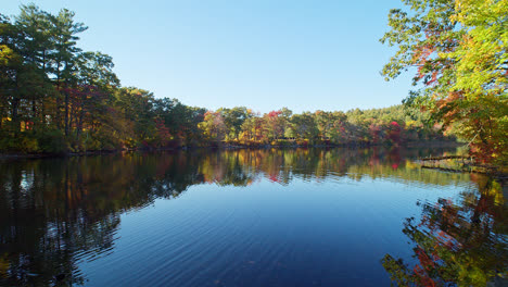 a lake surrounded by autumn trees as they reflect in the water from a wide angle