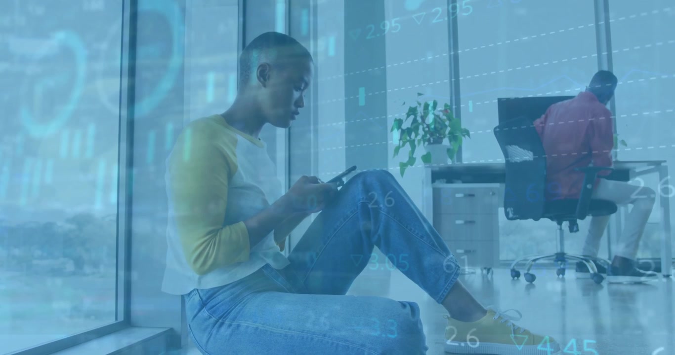 Animation of financial data processing over businesswoman using smartphone in office