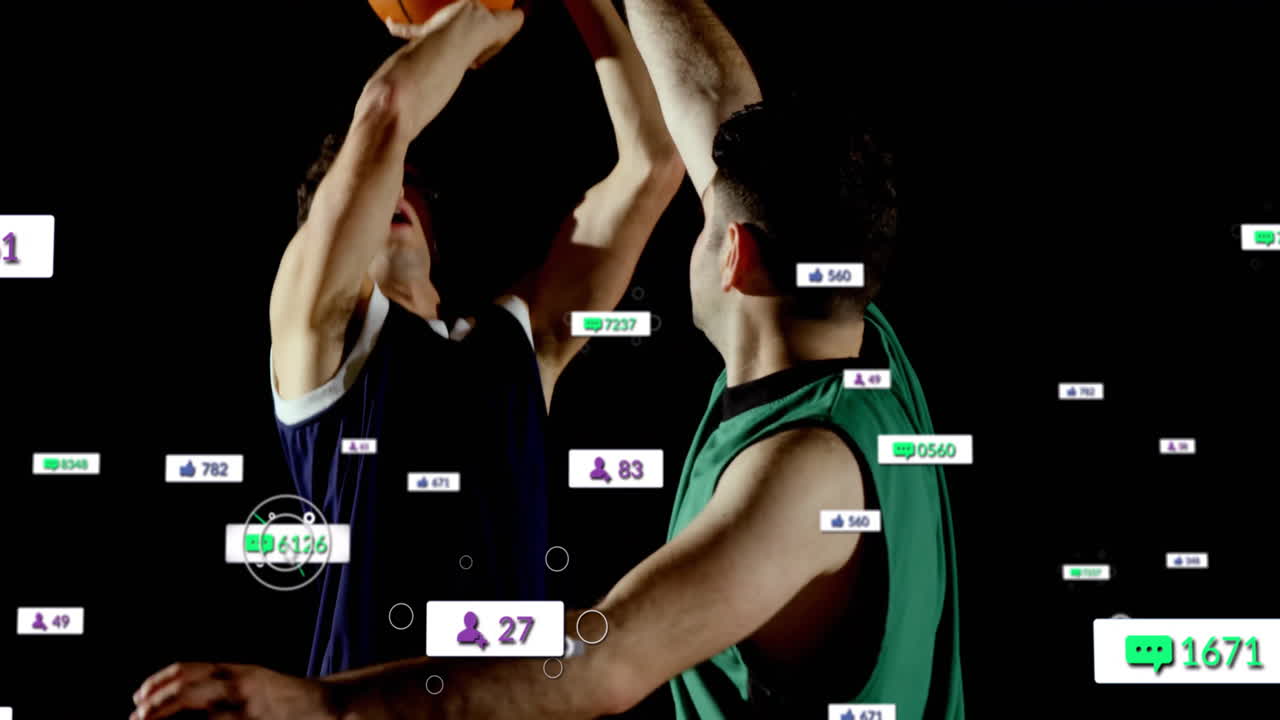 Basketball players in action, animation of social media icons overlaying them