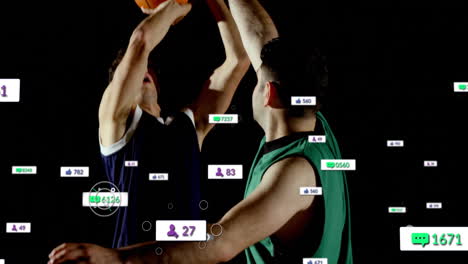 Basketball players in action, animation of social media icons overlaying them