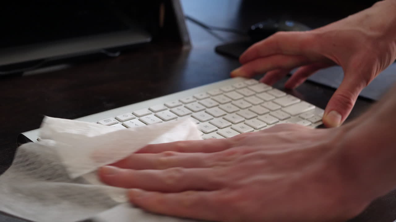 limpieza de bacterias y gérmenes del teclado sucio de la computadora con una toallita desinfectante antibacteriana para mantener el hogar familiar saludable y a salvo del virus corona o bacterias contagiosas