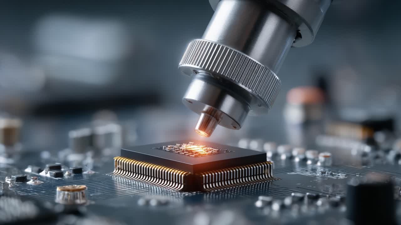 Precision Technology: Close-Up of a Microscopic Probe Analyzing a Microchip on a Circuit Board, Showcasing the Intricate Details of Modern Electronics