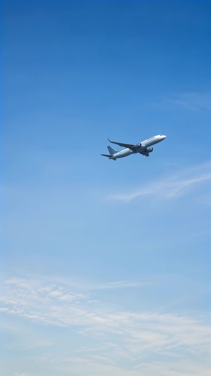 Un aereo si muove costantemente attraverso un cielo blu aperto con nuvole soffici e luce diurna intensa, creando una composizione spaziosa con una traiettoria di volo distante, atmosfera limpida, movimento fluido e un sereno scenario aereo esterno.