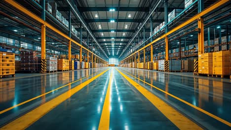 warehouse interior with stacked boxes and bright overhead lights