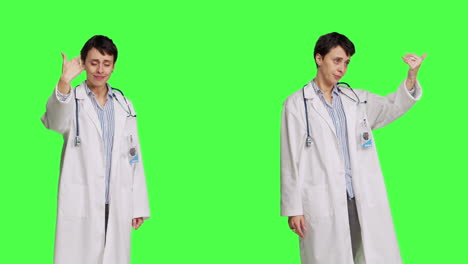 friendly physician inviting people to come closer to her against greenscreen