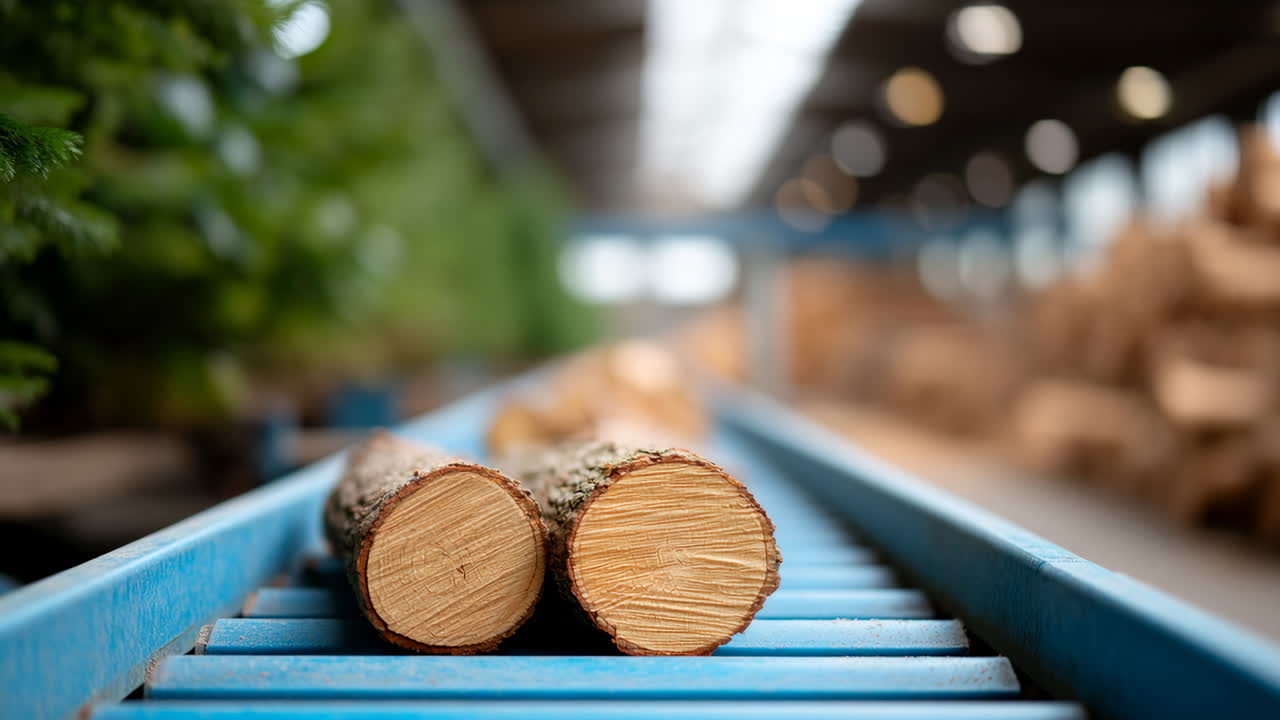 Logs on conveyor in wood plant. Logs are sorted on a conveyor belt inside a spacious wood processing facility with stacks of timber in the background