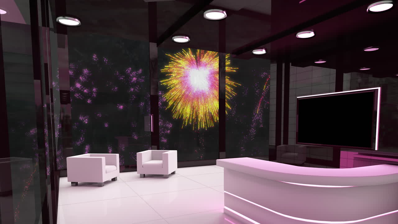 밤 하늘에서 크리스마스 및 새해 불꽃놀이와 함께 현대적인 인테리어의 애니메이션