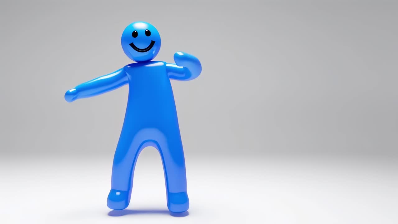 Stylized blue 3D character dancing energetically, showcasing joyful movements and expressing pure happiness against minimalist white background