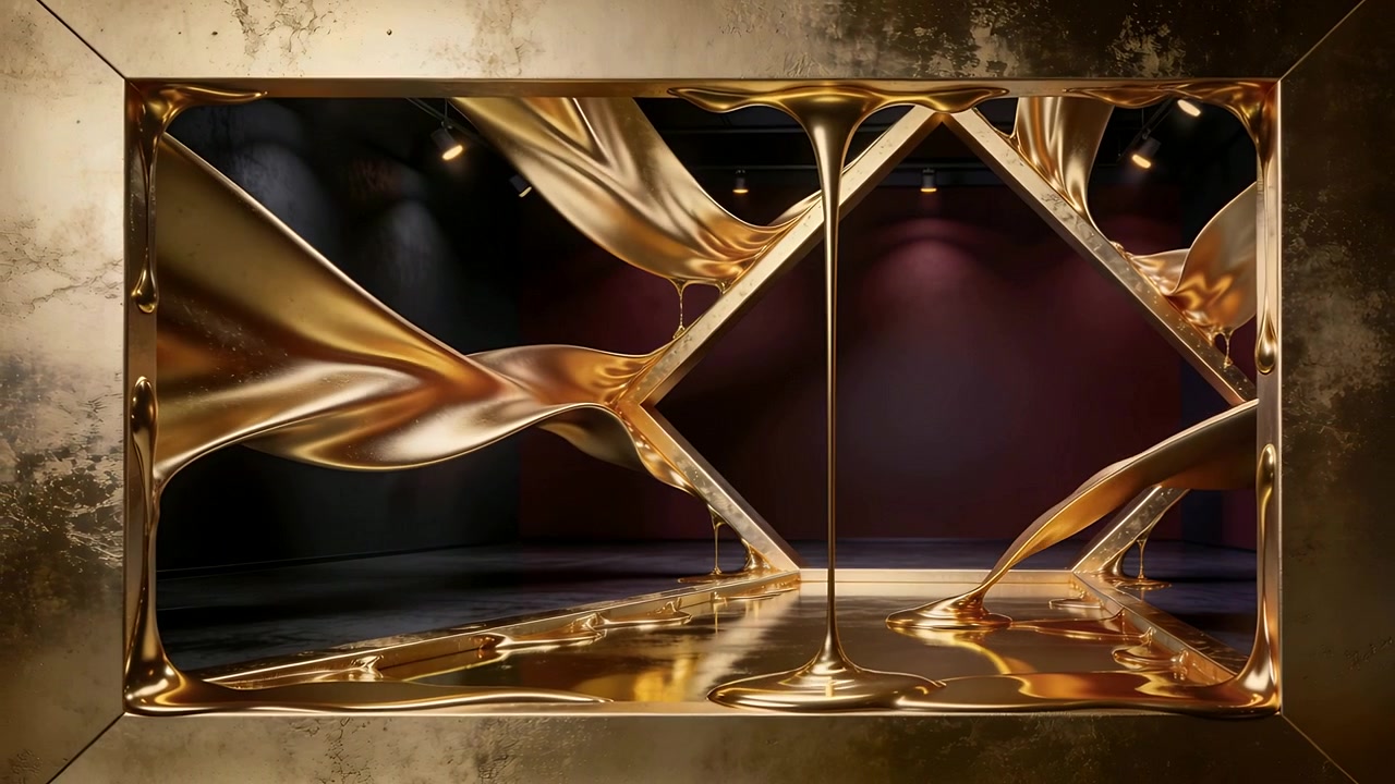 Nastri d'oro che scorrono con filamento discendente che forma una pozzanghera sul pavimento della galleria, cornice a diamante illuminata.