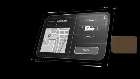 animation of delivery screen with data and map on black background