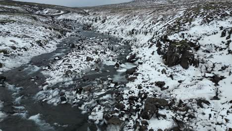 río glacial en un paisaje de tundra nevado congelado en islandia, antena cinematográfica