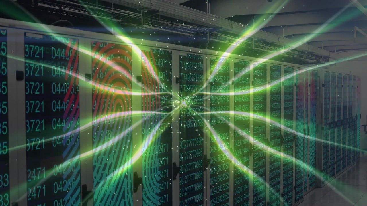 fingerprint activating beams shooting into rack sparking as codes updating and simulating login