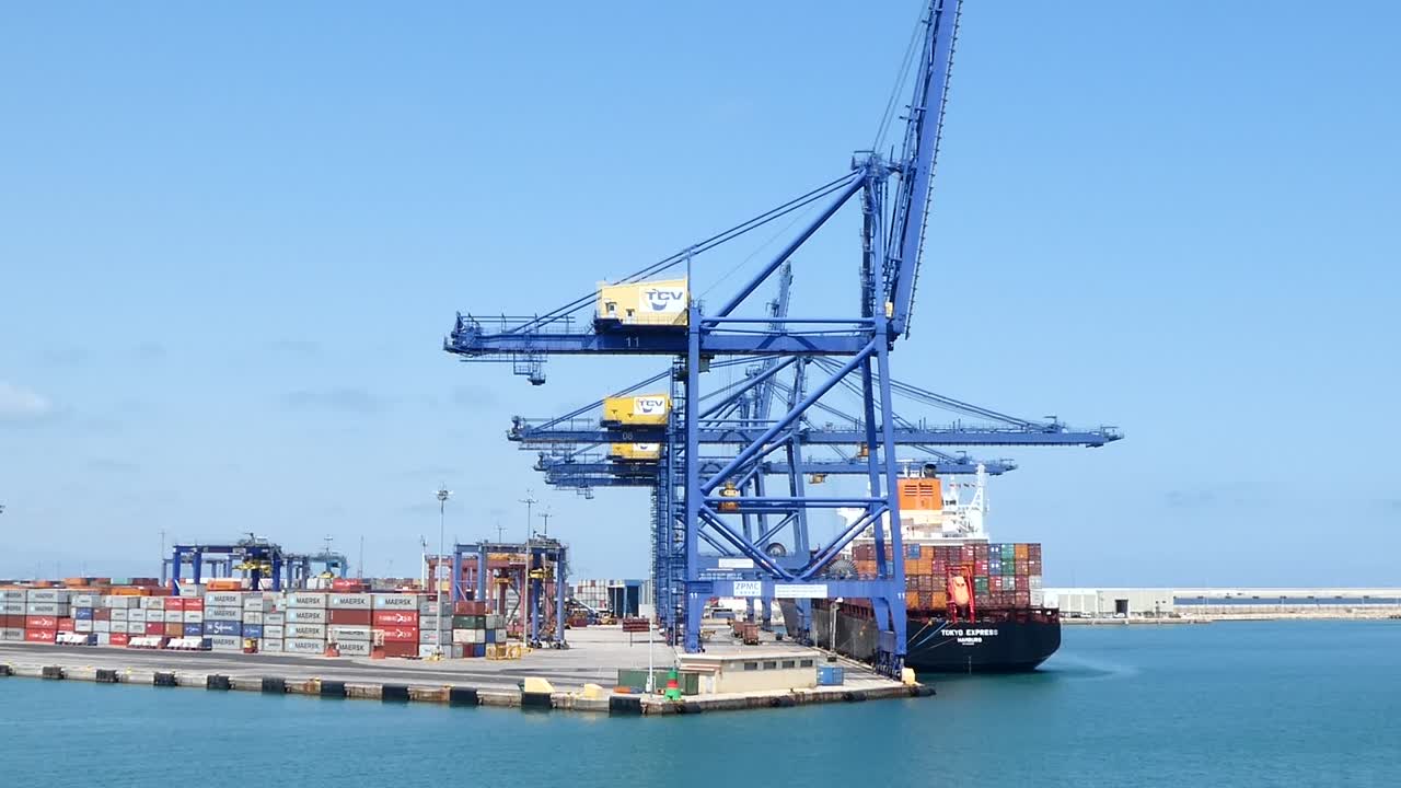 Valencia,Comunidad Valenciana, July 2020-Large cargo ship carrying containers in the port of Valencia, Spain
