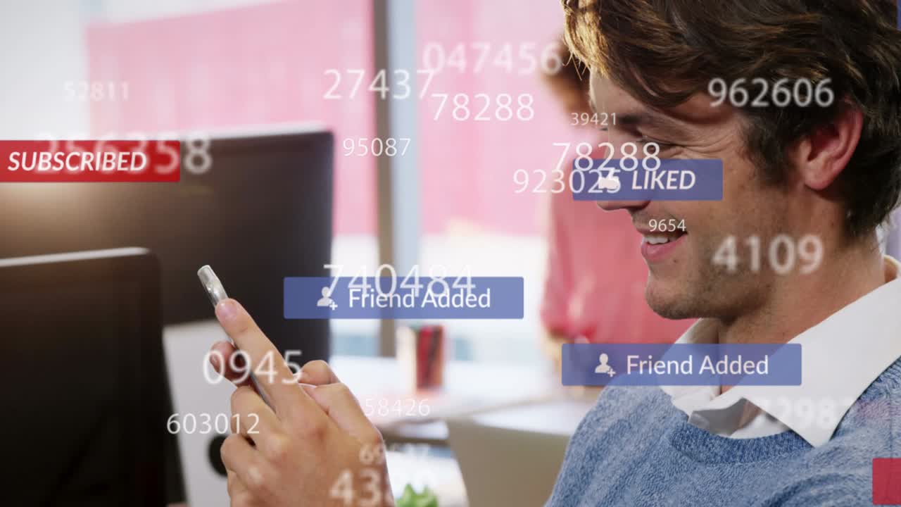 animación de iconos de las redes sociales que caen sobre hombres que usan teléfonos inteligentes