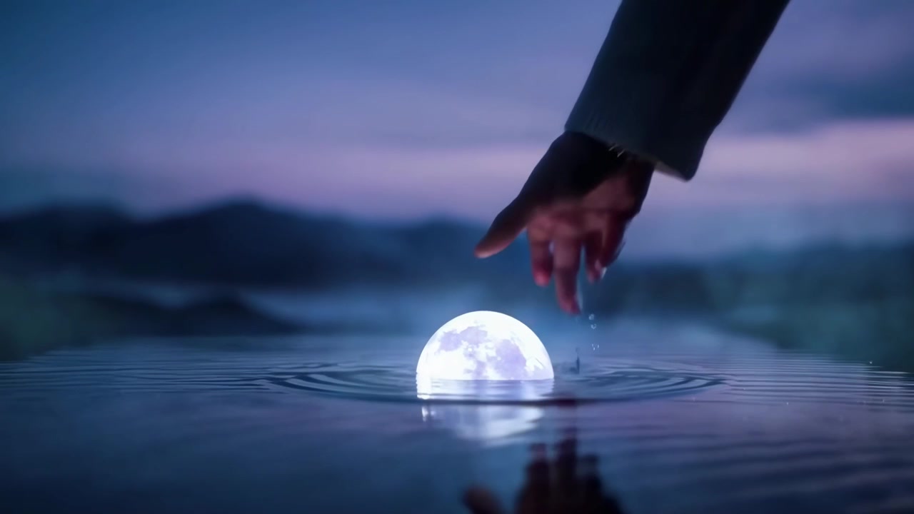 Mão Coloca Suavemente Orbe Lunar Brilhante em Água Calma