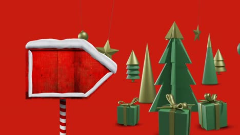 Animation-of-christmas-decorations-with-road-sign-on-red-background-with-copy-space