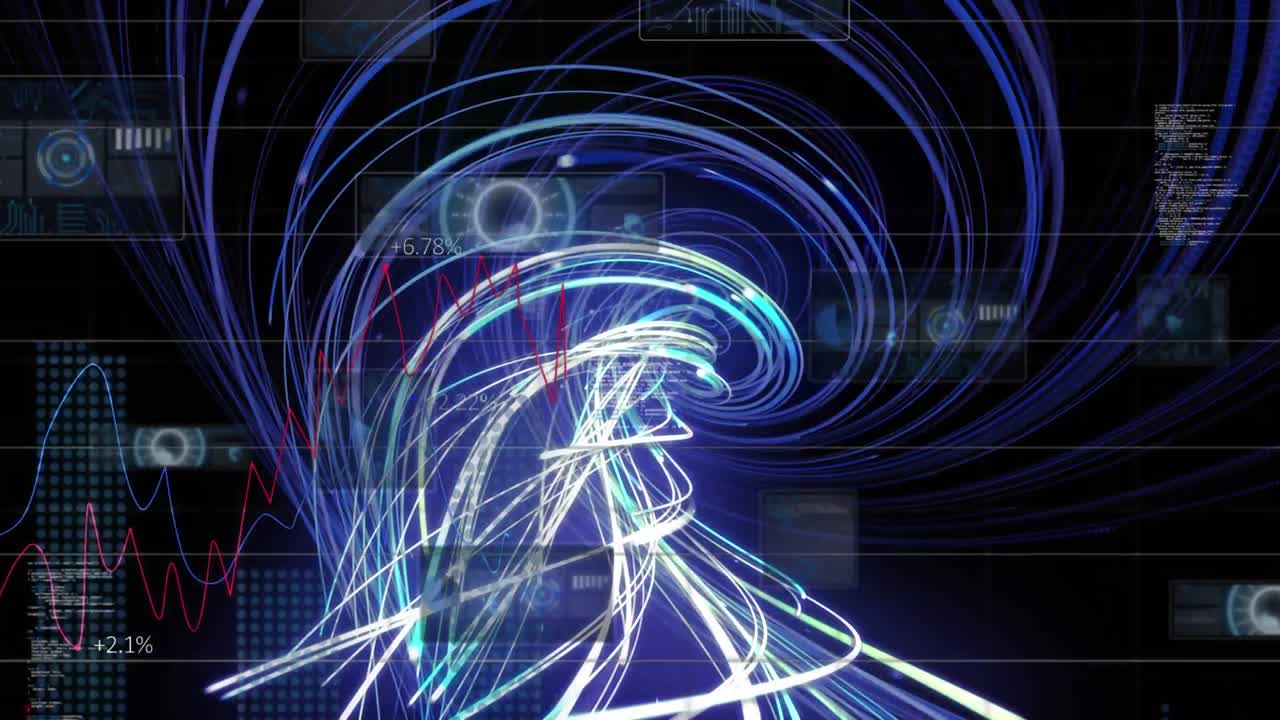 Animation of data processing and glowing lights over globe on dark background