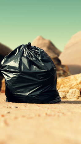 a black trash bag sits on a sandy beach in a desert