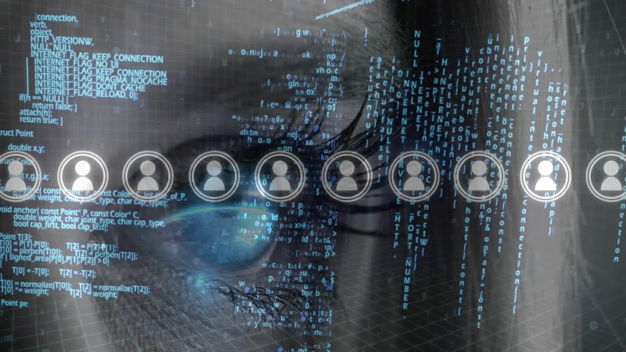 animación del procesamiento de datos y los iconos de personas digitales sobre el ojo azul