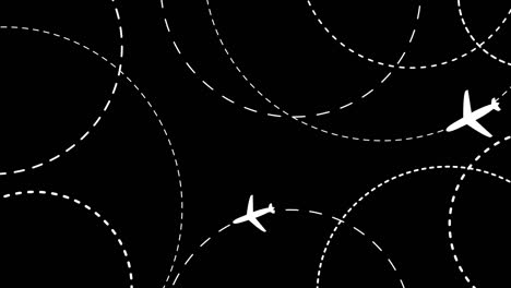 planes fly along curved dashed lines on a black background.