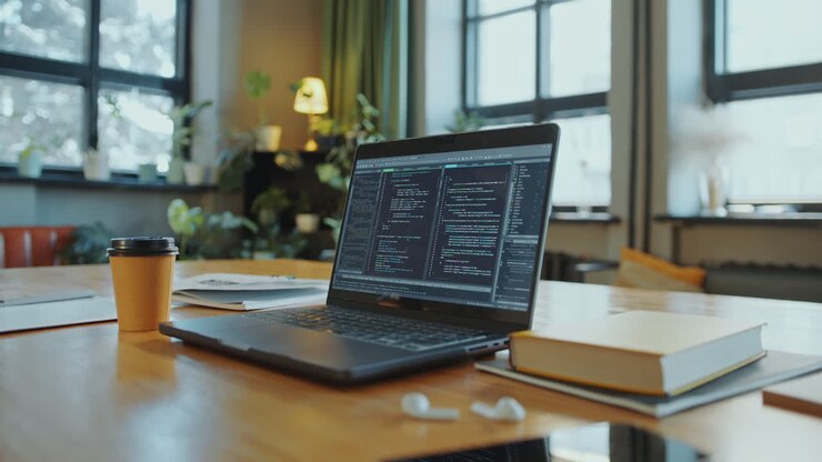 Laptop with Programming Code on Screen at Desk in Library or Office