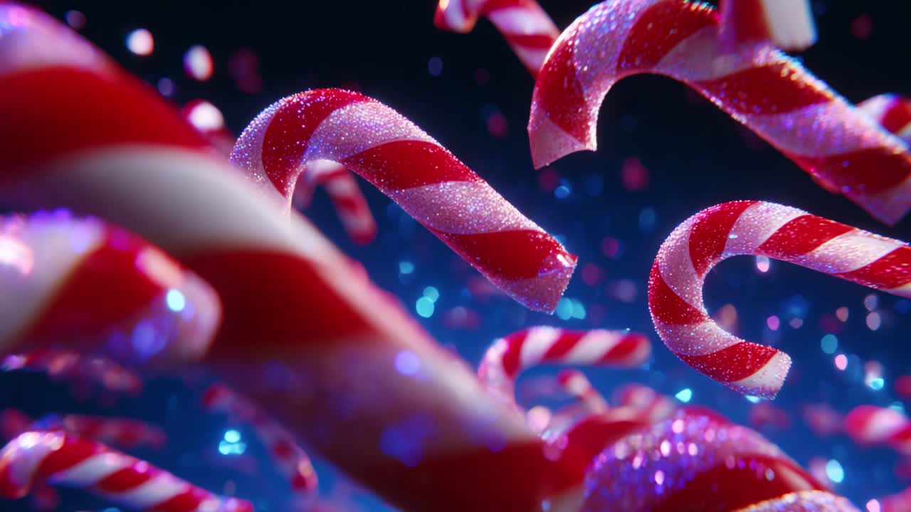 A mesmerizing display of swirling candy canes, shimmering with vibrant colors and sparkling highlights, swirling in a festive atmosphere, embodying the spirit of celebration and joy during the holiday season