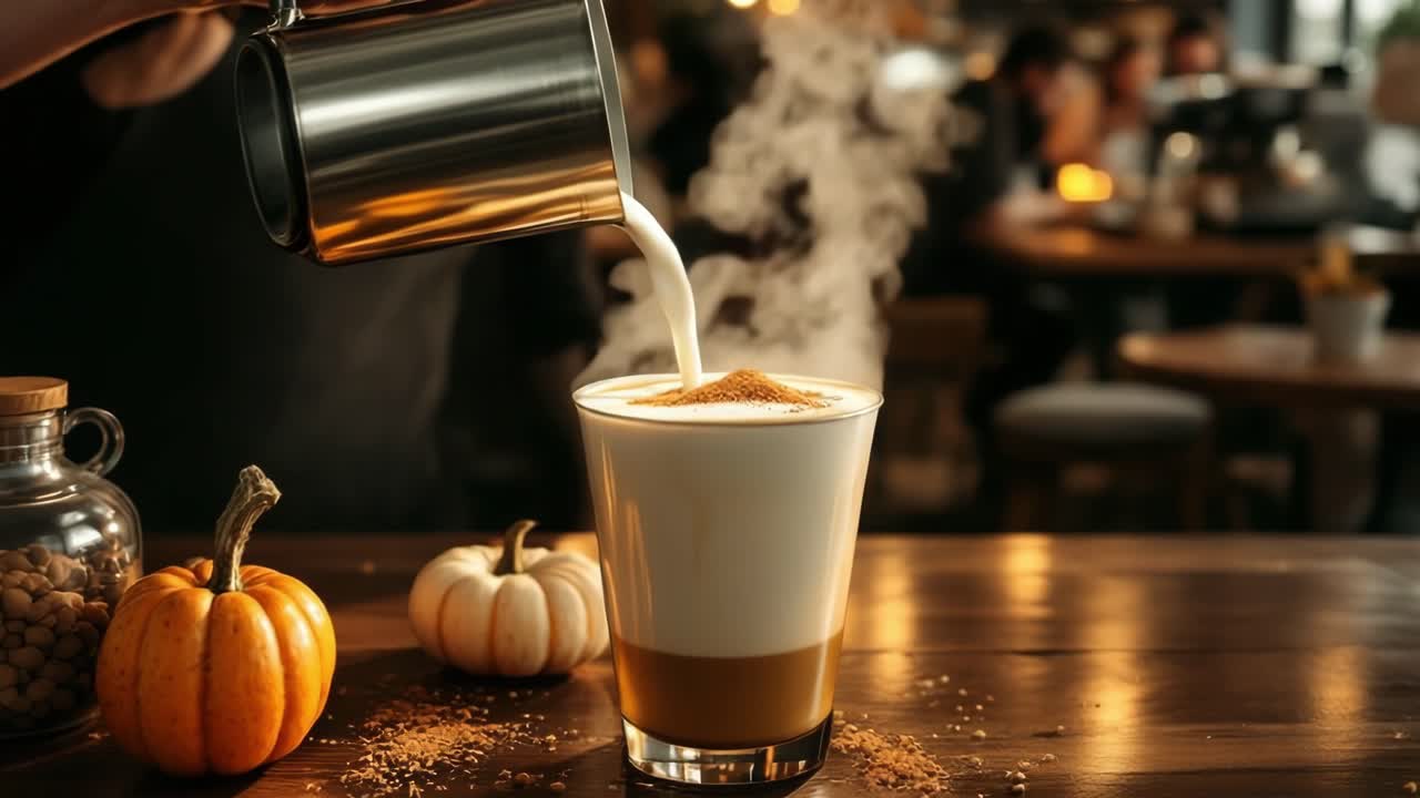 Barista skillfully pours steamed milk into a glass cup, creating a creamy beverage, surrounded by small pumpkins and a warm cafe atmosphere, evoking a sense of comfort and seasonal delight