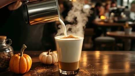 barista skillfully pours steamed milk into a glass cup, creating a creamy beverage, surrounded by small pumpkins and a warm cafe atmosphere, evoking a sense of comfort and seasonal delight