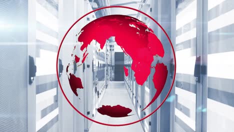 animation of rotating globe in circle over moving bars on data server racks in server room