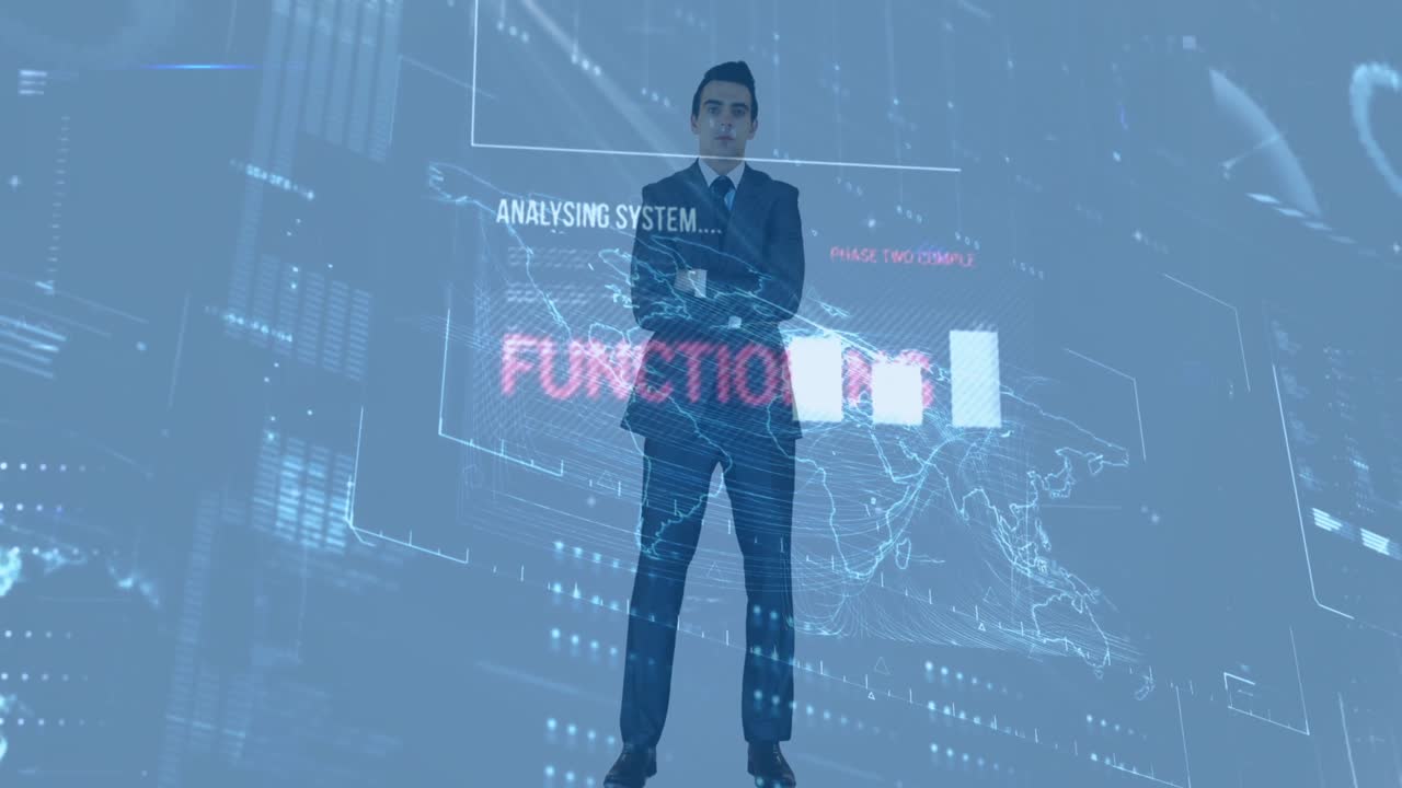 다양한 데이터 및 분석의 애니메이션 코카시아 사업가에 대한 완전한