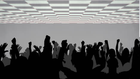 silhouetted crowd raising hands in the air on grey background with moving grey and white checkerboar