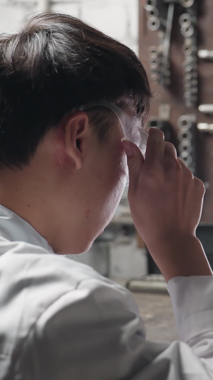 inventor sentado con su colega recoge gafas de protección, las pone bajo luz fluorescente, luego recoge una tableta, rodeado de herramientas y equipos en un taller mecánico de automóviles