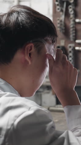 동료와 함께 앉아있는 발명가는 보호 안경을 들고, 형광 조명 아래에 착용하고, 자동차 기계 작업실에서 도구와 장비로 둘러싸인 태블릿을 들고 있습니다.