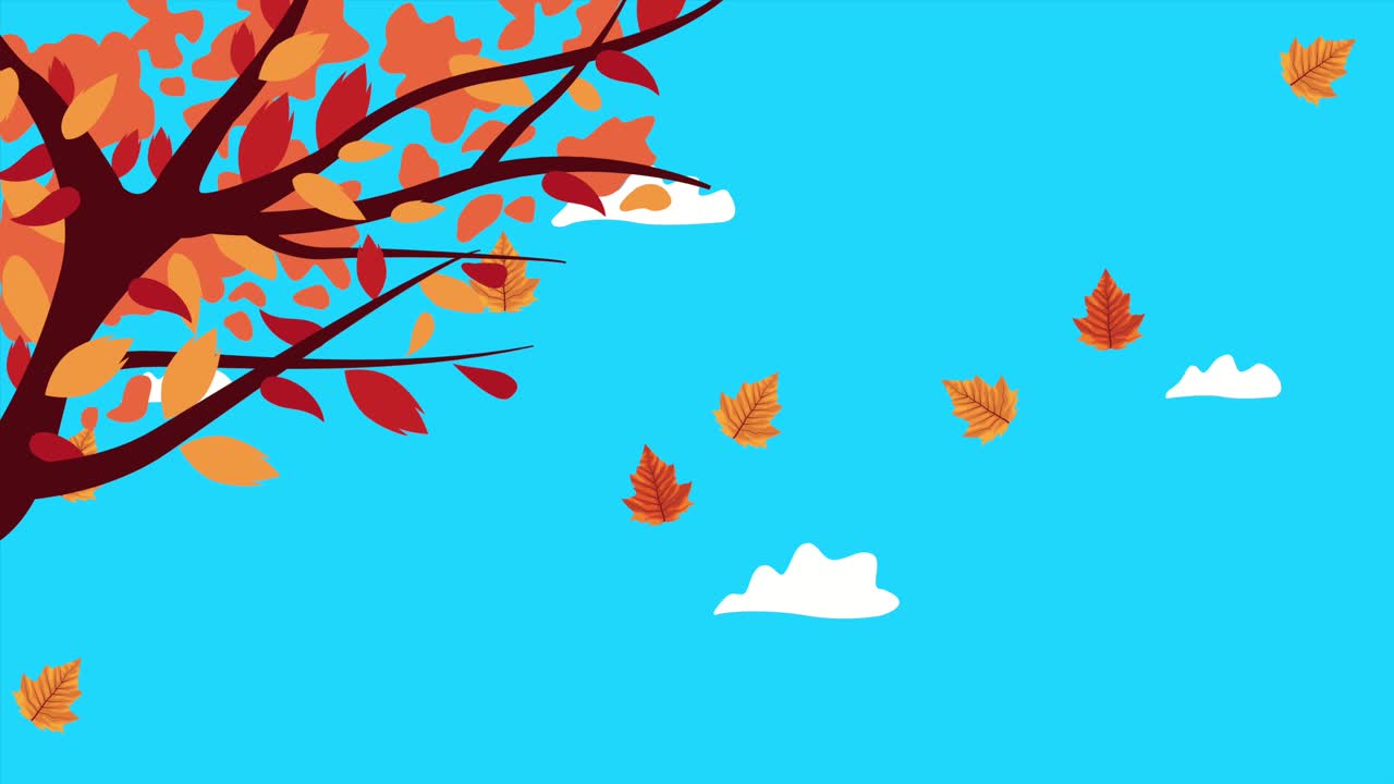 나무 가지와 잎을 가진 하늘 가을 애니메이션