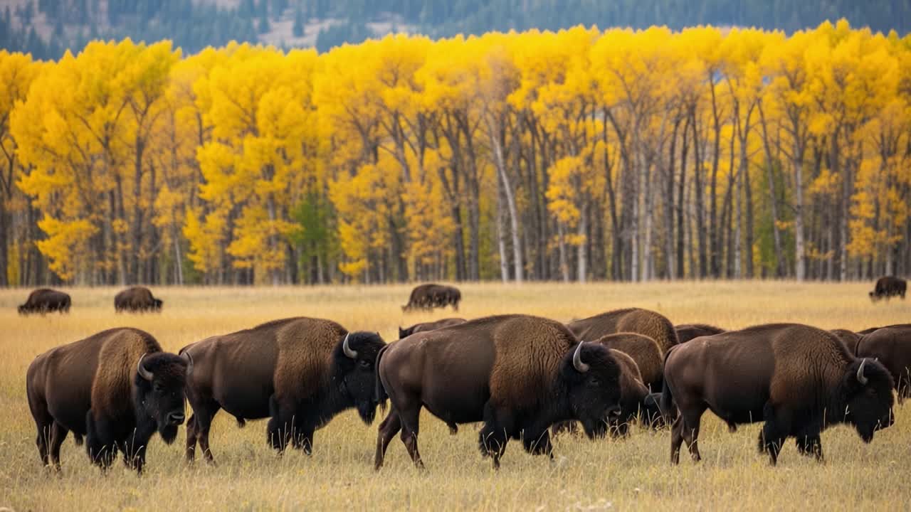 A Herd of Bison Grazing in a Vibrant Autumn Landscape Surrounded by Golden Trees Under a Blue Sky, Captivating the Beauty of Nature's Seasonal Changes