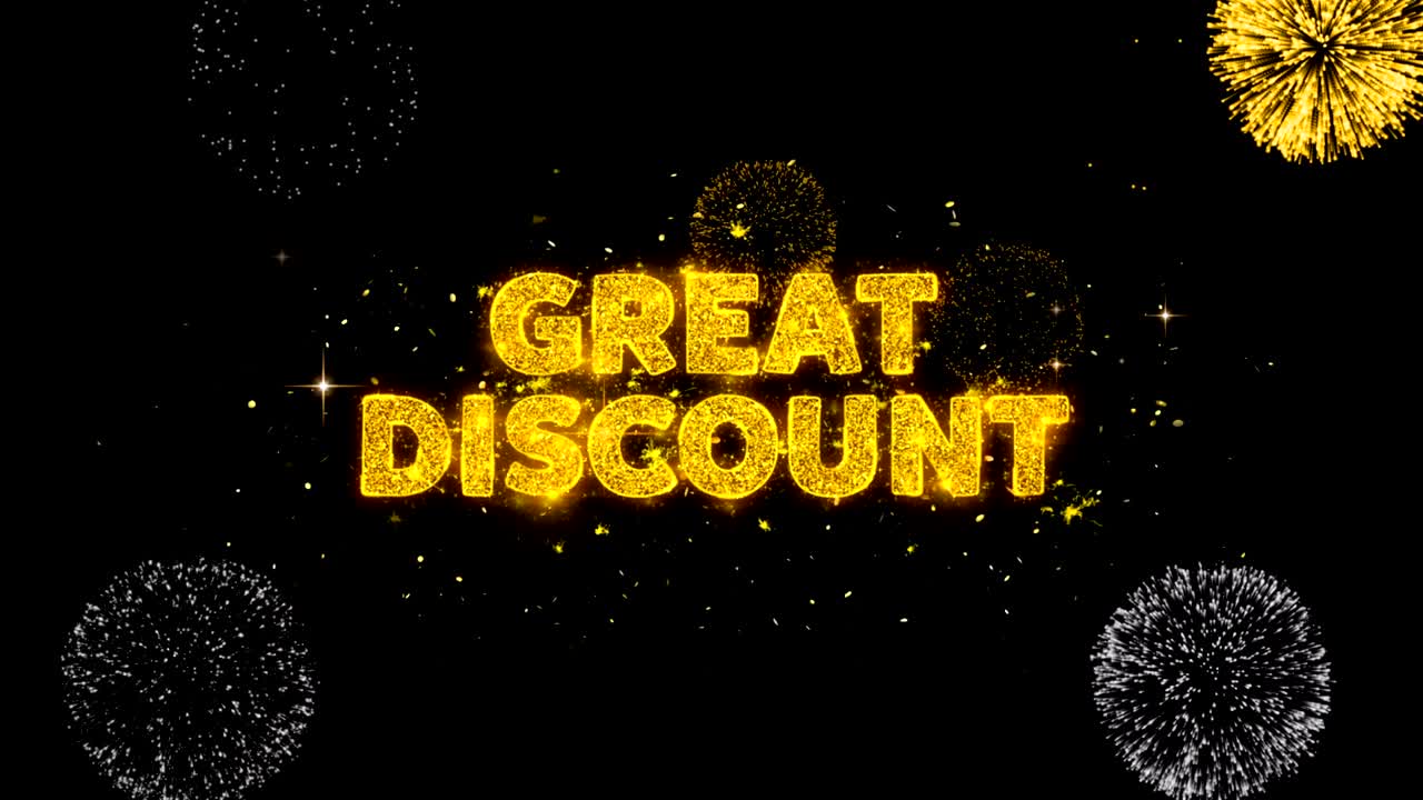 훌륭한 할인 텍스트는 반이는 황금 입자 불꽃놀이에 나타납니다.
