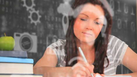 animación de una red de conexiones e iconos digitales sobre una estudiante que toma notas desde casa